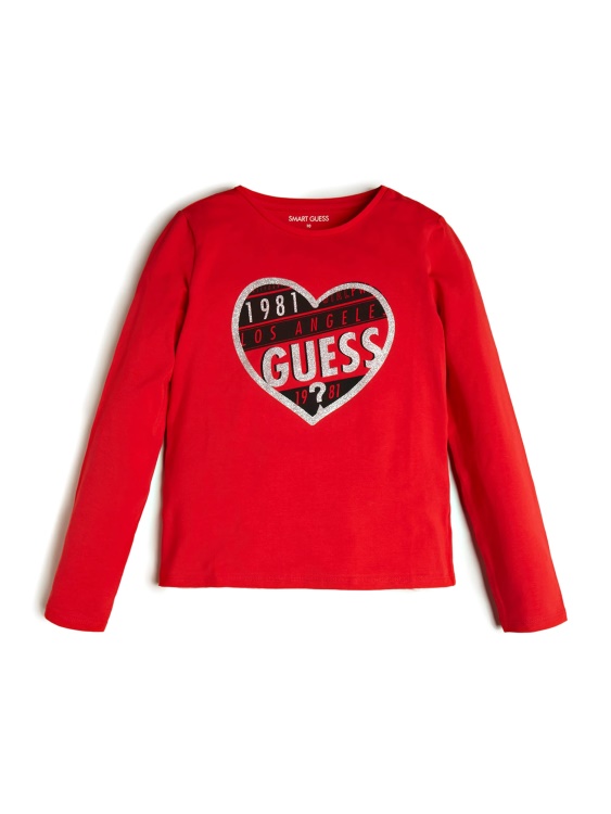 Guess Heart лого тениска с дълъг ръкав (7-14) необходимо червено